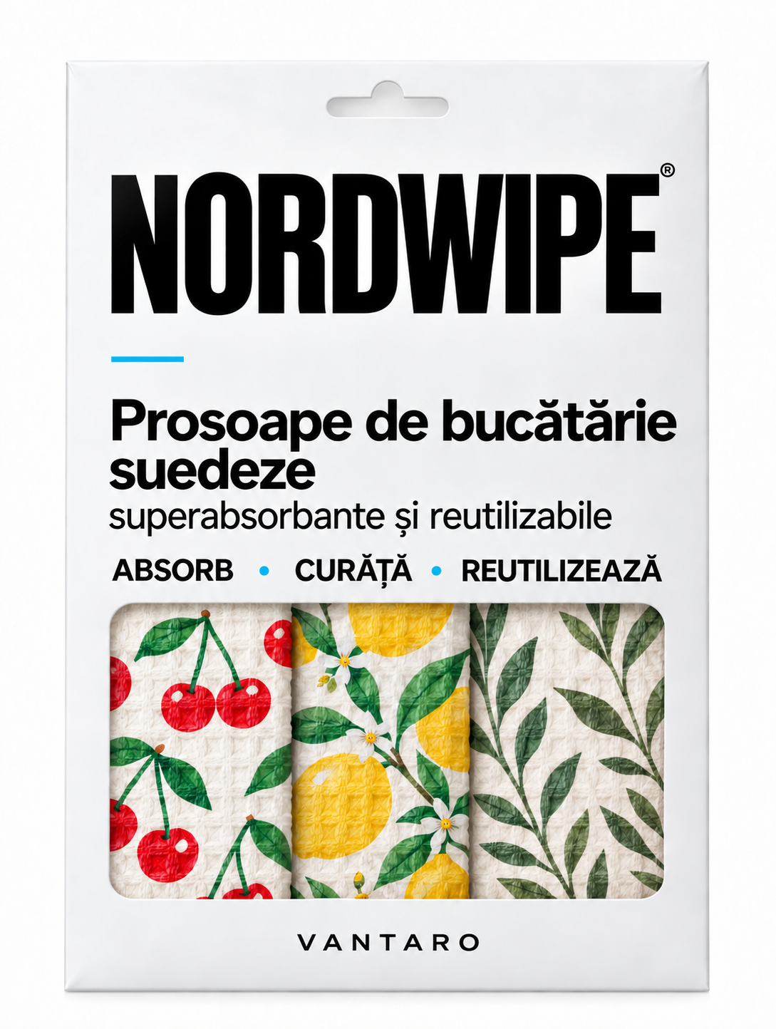 NordWipe — fața ambalajului: prosoape de bucătărie suedeze, superabsorbante și reutilizabile