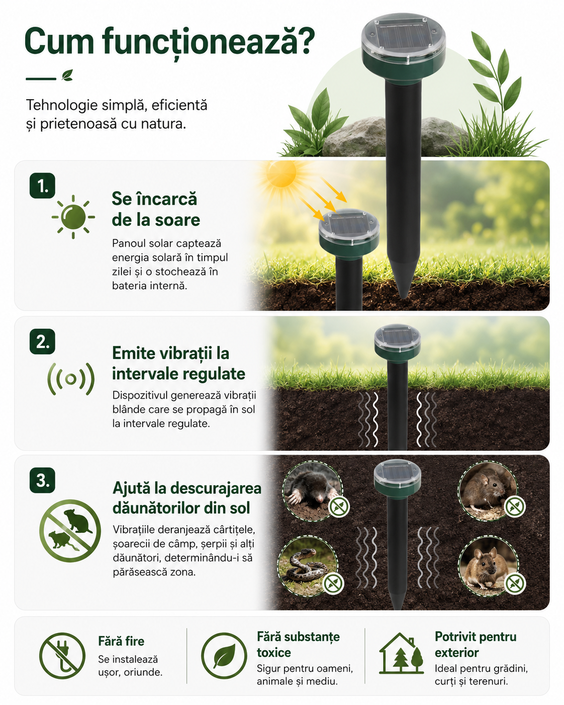 Sun Repel | Dispozitiv pentru îndepărtarea dăunătorilor cu încarcare solară | Set 4 bucăți
