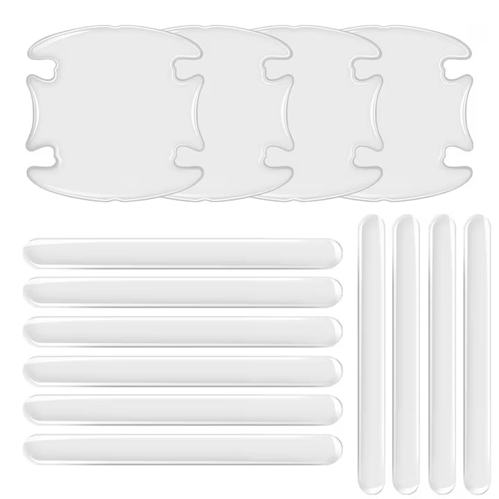 Set autocolante protectie anti-zgarieturi pentru manerele usilor, transparent, 9x9cm/15x1.4cm