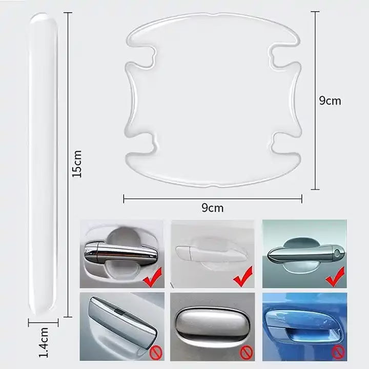 Set autocolante protectie anti-zgarieturi pentru manerele usilor, transparent, 9x9cm/15x1.4cm