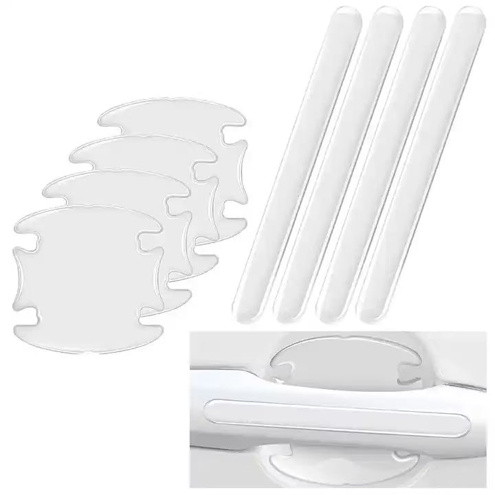 Set autocolante protectie anti-zgarieturi pentru manerele usilor, transparent, 9x9cm/15x1.4cm